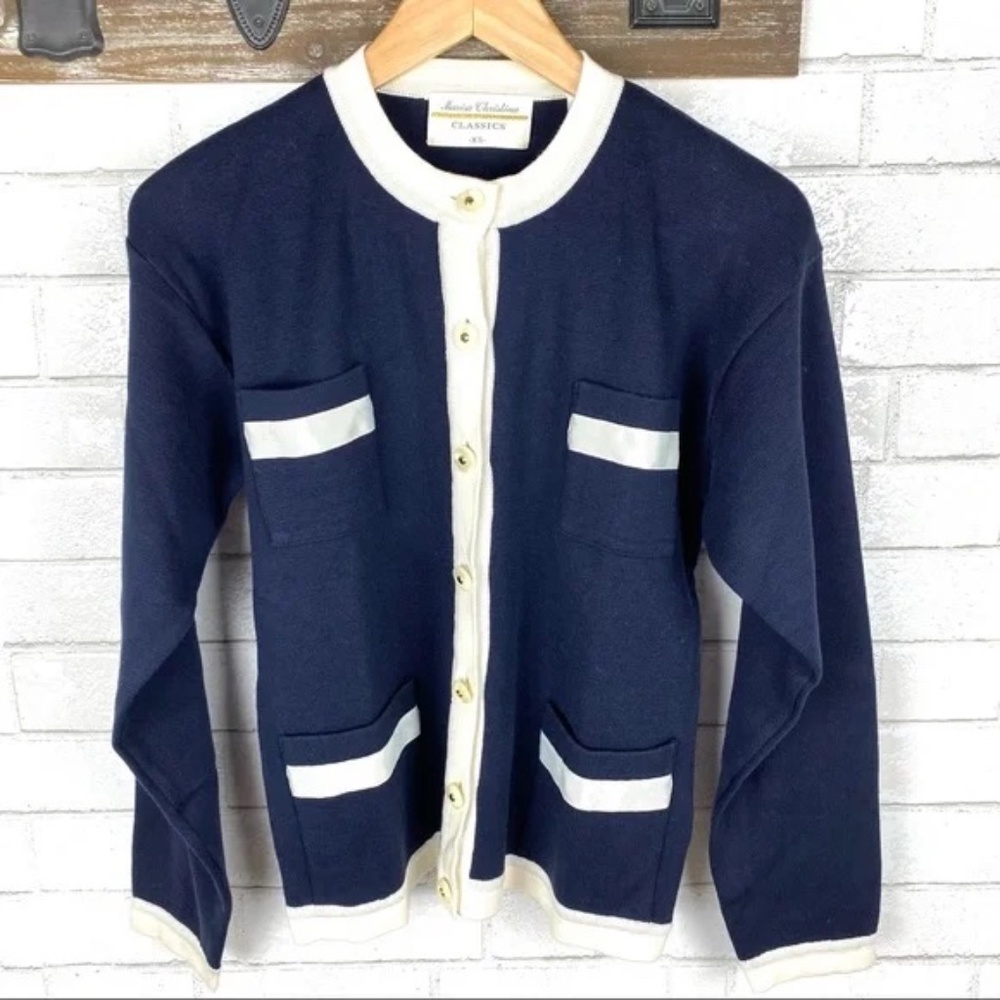 Vintage Navy Ivory Tipped Lady Chanel Style Cardigan Buttons Varsity Nautical XS